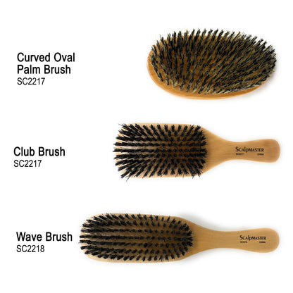 Scalpmaster Club  Hair Brush, Wave Hair Brush, Curved Oval Palm Brush Boar Bristles and Natural Wood 1 Pc.