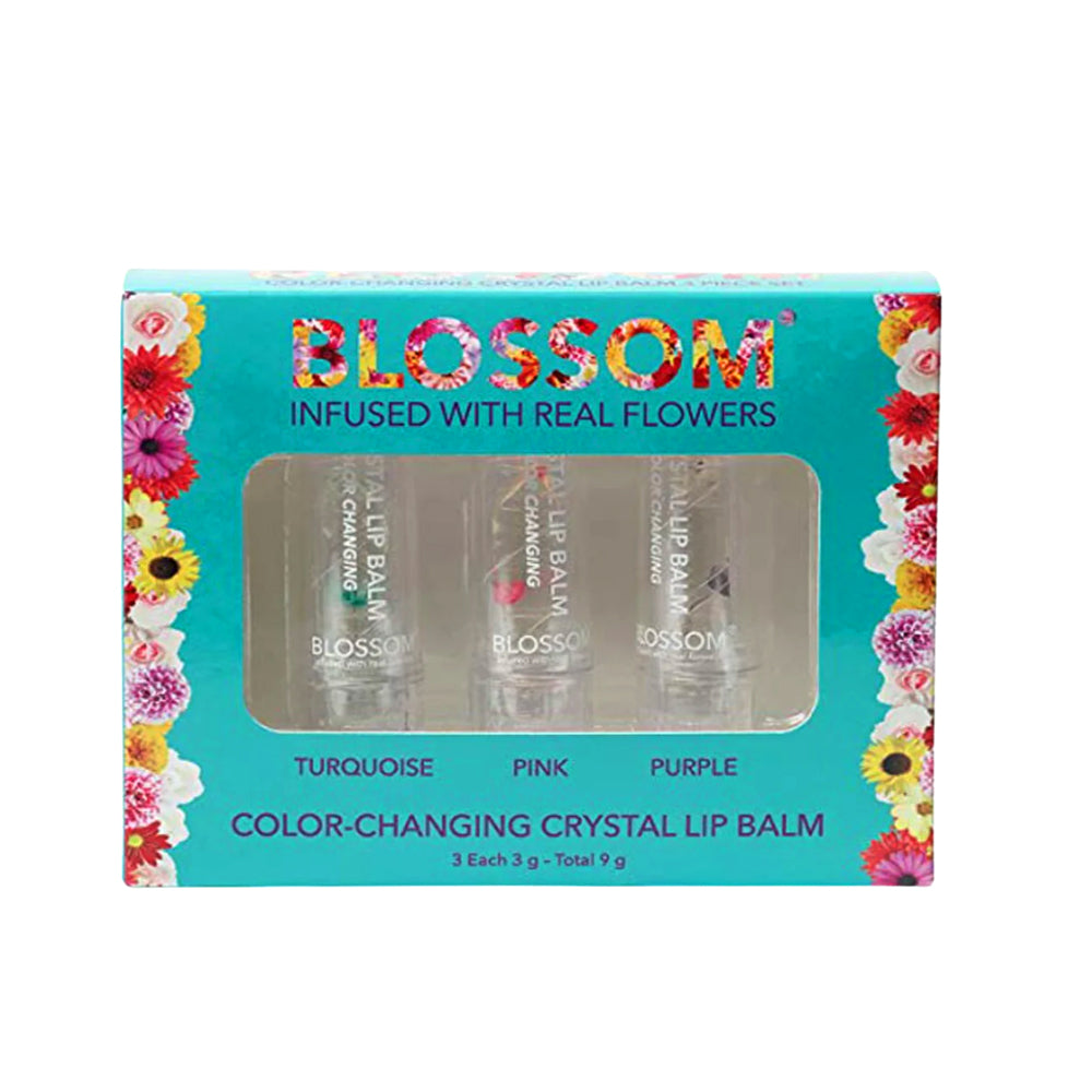 Blossom Color-Changing Crystal Hydrating Lip Balms Turquoise Pink Purple 3 Pcs.