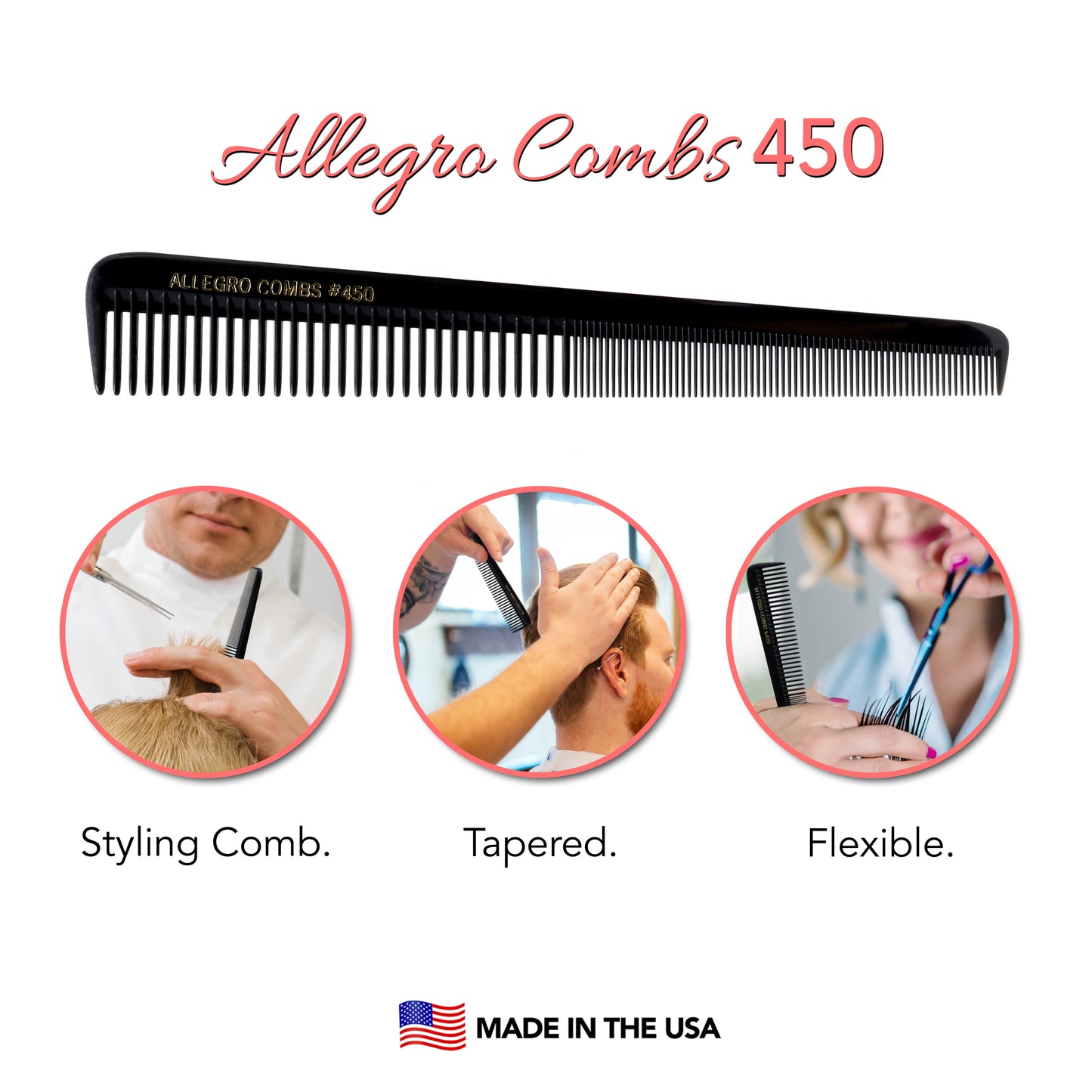 Allegro Combs 450 - Tapered Barber Hair Cutting Combs, Black, 12 Pack