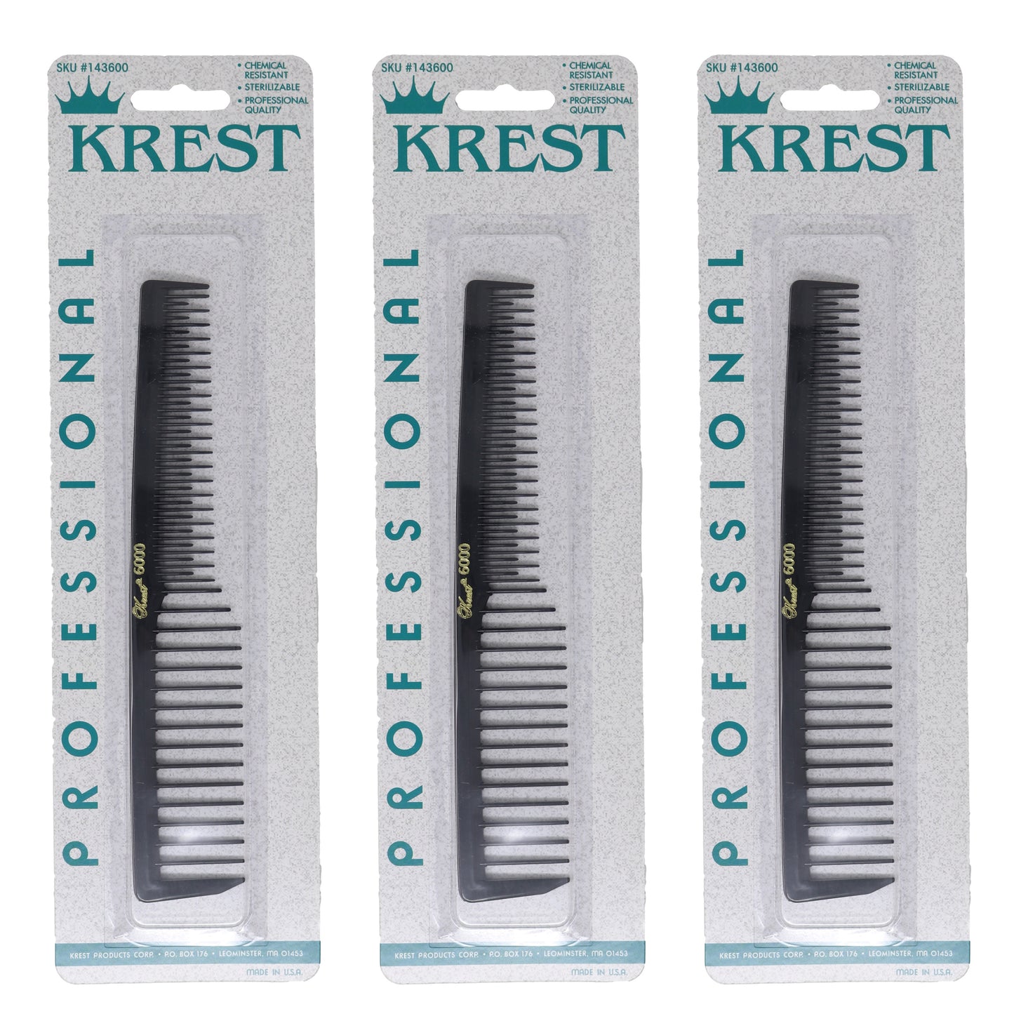 Krest #6000 Teasing Combs Pack Space Tooth Wide Teeth Comb, Black, 3 Count